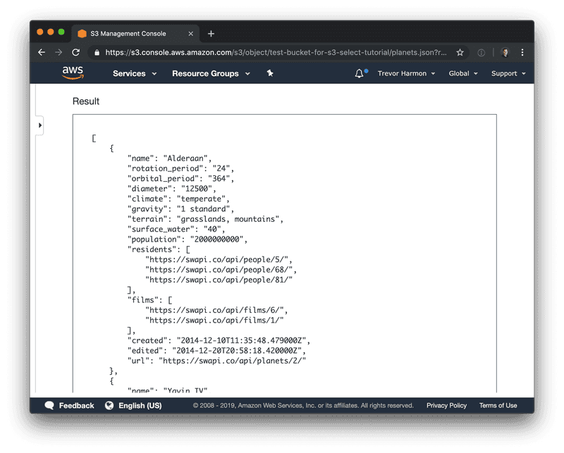 A screenshot of a successful query using S3 select inside of the AWS console