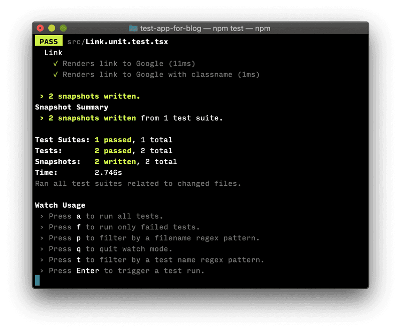 A console window showing Jest and Enzyme snapshot tests that were successful