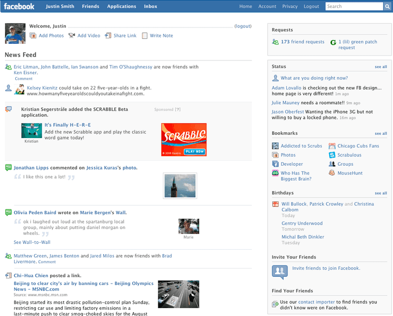 Facebook feed in 2008